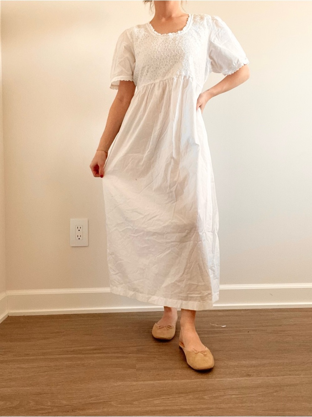 Vintage White Embroidered Lace Cotton Maxi Dress